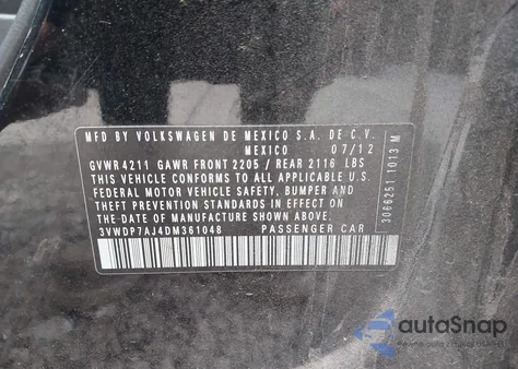 2013 Volkswagen Jetta 2.5L Se from USA, damaged, VIN 3VWDP7AJ4DM361048